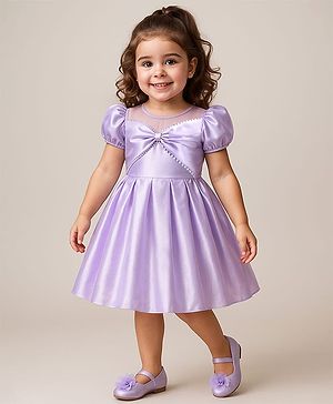 Babyhug Woven Half Puffed Sleeves Solid Colour Fit & Flared Pleated Party Dress with Pearl Detailing - Lilac