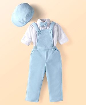 Babyhug Woven Full Sleeves Party Wear Shirt With Dungaree Suspendors & Cap -  Light Blue