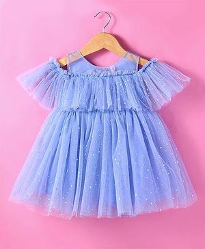 Babyhug Woven Cold Shoulder Sleeves Glitter Printed Fit & Flared Party Frock with Frill Detailing - Light Blue