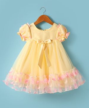 Babyhug Woven Half Puffed Sleeves Fit & Flared Party Dress with 3D Butterfly Applique & Bow Detailing - Yellow