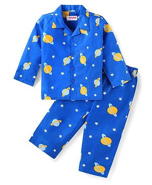 Babyhug Cotton Woven Full Sleeves Night Suit Space Theme Print - Blue
