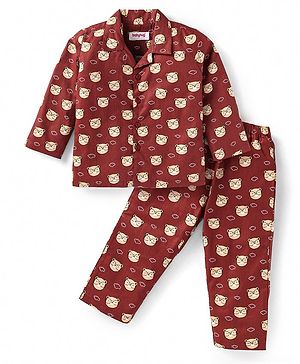 Babyhug Cotton Woven Full Sleeves Front Open Night Suit With Bear Print - Maroon