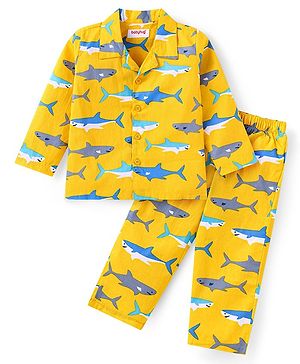 Babyhug Cotton Woven Full Sleeves Front Open Collared Night Suit Whale Print - Mustard
