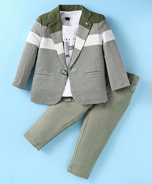 Noddy Full Sleeves Striped Blazer With Typography Printed Tee & Pant Set - Green