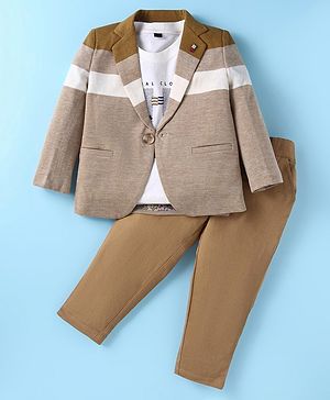 Noddy Full Sleeves Striped Blazer With Typography Printed Tee & Pant Set - Brown