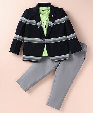 Noddy Full Sleeves Striped Blazer With Typography Printed Tee & Pant - Black