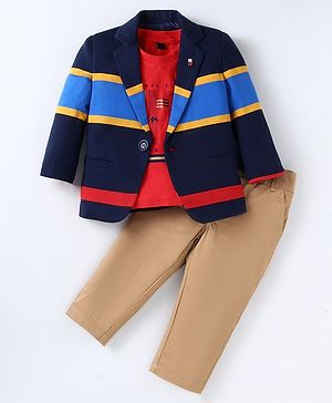 Noddy Full Sleeves Striped Blazer With Typography Printed Tee & Pant - Navy Blue