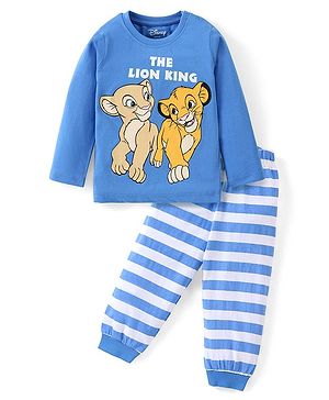 Babyhug Disney Single Jersey Knit Full Sleeves Night Suit With Lion King & Friends Graphic - Blue