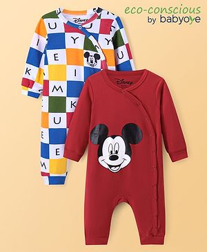 Babyoye Disney Interlock Knit Full Sleeves Front Open Rompers with Mickey Mouse Graphics Pack of 2 - Maroon & White