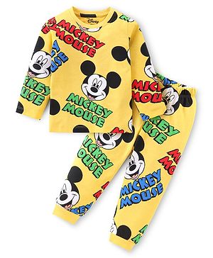 Babyhug Disney Single Jersey Knit Full Sleeves Night Suit with Mickey Mouse Graphics - Yellow