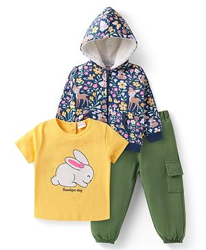 Babyhug Terry Knit Half Sleeves Bunny Printed Top & Lounge Pant With Floral Printed Hooded Sweat Jacket - Yellow