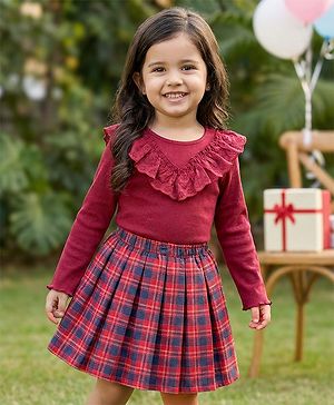 Babyhug Cotton Knit Full Sleeves Ribbed Top & Checkered Skirt Set - Maroon