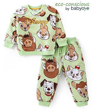 Babyoye Disney Cotton Knit Full Sleeves Sweatshirt & Lounge Pants Co-Ord Set With Disney Characters Print - Light Green