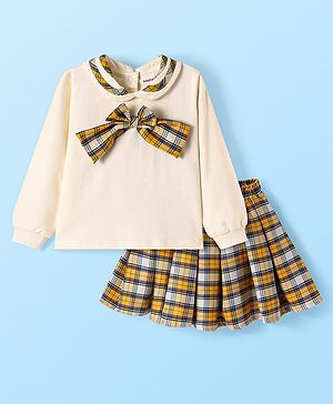 Babyhug Terry Knit Full Sleeves Top & Checkered Skirt Set With Bow Applique - White