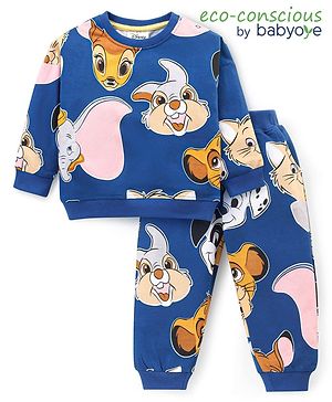 Babyoye Disney Cotton Knit Full Sleeves T-Shirt & Lounge Pants Co-Ord Set With Disney Characters Print - Navy