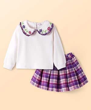 Babyhug Terry Knit Full Sleeves Top & Checkered Skirt Set With Floral Embroidery & Peter Pan Collar - White & Purple
