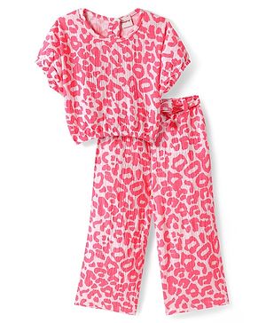 Babyhug Single Jersey Knit Half Sleeves Top & Legging With Cheetah Print - Dark Pink