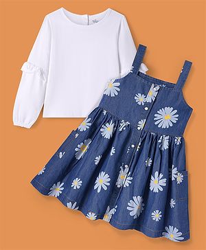 Ollington St. Cotton Kint Full Sleeves Solid Top & Floral Printed Denim Pinafore - White & Navy