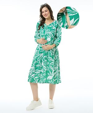 Bella Mama Woven Three Fourth Sleeves Maternity Dress with Floral Print - Mint Green