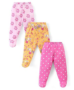 Babyhug  Cotton Knit Bootie Leggings with Floral Print Pack of 3 - Pink & Yellow