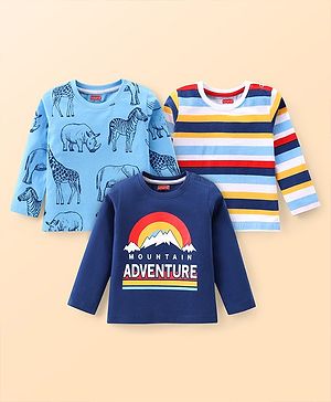 Babyhug Cotton Knit Full Sleeves Striped Animal & Text Graphics T-Shirts Pack of 3 - Blue & Navy Blue