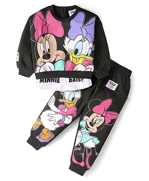 Babyhug Disney Terry Knit Full Sleeves Overlapped Sweatshirt & Lounge Pant with Minnie Mouse Graphics - Charcoal Grey