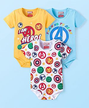 Babyhug Marvel Interlock Knit Half Sleeves Onesies with Avengers Print Pack of 3 - Yellow Blue & White