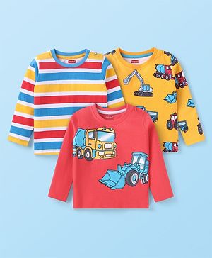 Babyhug Cotton Knit Full Sleeves Striped & Vehicles Printed T-Shirts Pack of 3 - Red Yellow & Blue