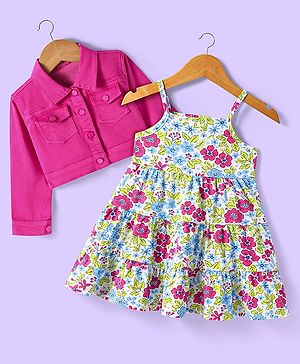 Babyhuhg Cotton Knit Full Sleeves Solid Colour Jacket with Floral Printed Tiered Frock - White & Dark Pink