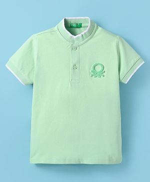 UCB Cotton Knit Half Sleeves Mandarin Collar T-Shirt with Logo Patch Detailing  - Light Green