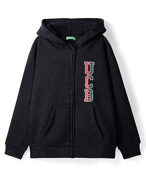 UCB Knit Full Sleeves Text Printed Hooded Sweat Jacket - Black