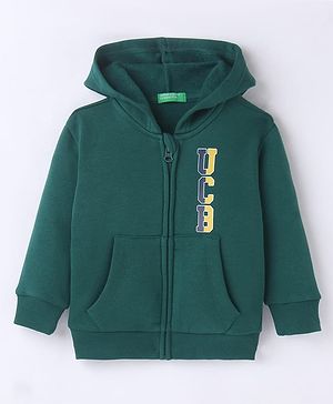 UCB Knit Full Sleeves Text Printed Hooded Sweat Jacket - Teal Blue