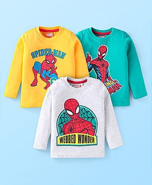 Babyhug Marvel Single Jersey Knit Full Sleeves T-Shirts With Spider Man Graphics Pack of 3 - Yellow White & Blue