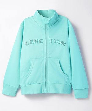 UCB Cotton Knit Full Sleeves High Neck Collar Solid Color Sweatjacket with Kangaroo Pockets - Aqua Blue