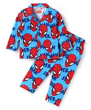 Babyhug Marvel Single Jersey Cotton Knit Front Open Full Sleeves Night Suit With Spider Man All over Print - Blue