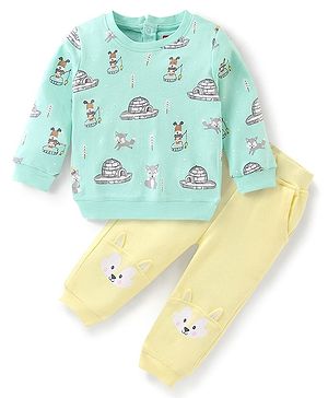 Babyhug Terry Knit Full Sleeves Puppy Printed T-Shirt & Jogger Set - Blue & Cream