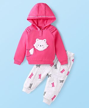 Babyhug Terry Knit Full Raglan Sleeves Hooded Sweatshirt & Lounge Pant Set With Cat Print & Patch - Dark Pink & White