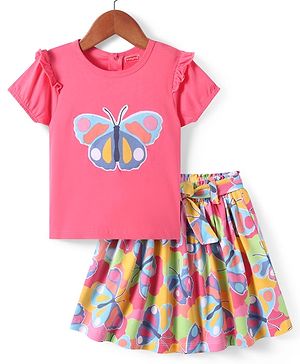 Babyhug Single Jersey Knit Half Puffed Sleeves Butterfly Printed Top & Skirt Set - Pink