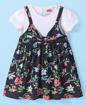 Babyhug Cotton Knit Half Sleeves  Floral Printed Frock - Navy Blue