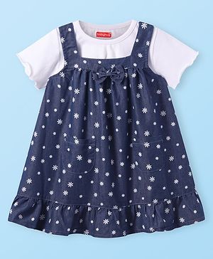 Babyhug Cotton Woven Half Sleeves Floral Printed Frock with T-Shirt & Bow Applique - Navy Blue