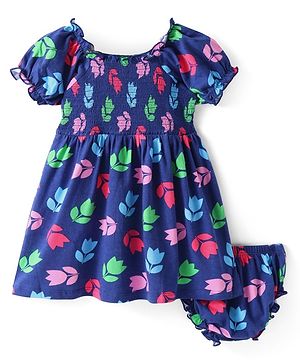 Babyhug Cotton Knit Half Puffed Sleeves Smocking Frock with Bloomer Floral Print - Navy Blue