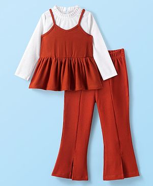 Babyhug Cotton Knit Full Sleeves Solid Colour Top & Leggings Set With Frock - Rust Orange