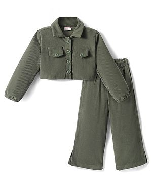 Babyhug Cotton Knit Full Sleeves Solid Colour Shirt & Legging Set - Olive Green