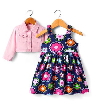 Babyhuhg Cotton Knit Frock & Full Sleeves Shrug With Floral Print - Navy Blue & Pink