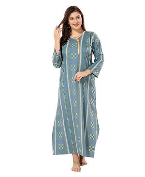 Piu Cotton Full Sleeves Abstract Printed Nighty - Blue