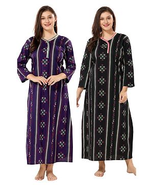 Piu Pack Of 2 Cotton Three Fourth Sleeves Floral & Abstract Printed Kurta Style Nighties - Purple & Black