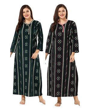 Piu Pack Of 2 Cotton Three Fourth Sleeves Floral & Abstract Printed Kurta Style Nighties - Green & Black