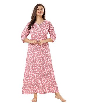 Piu Cotton Three Fourth Sleeves Floral Printed Nighty - Pink