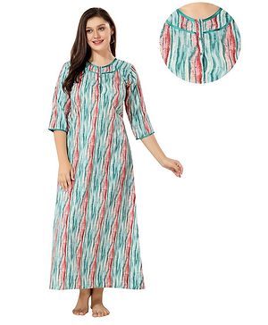 Piu Cotton Three Fourth Sleeves Abstract Printed Nighty With Nursing Access - Green