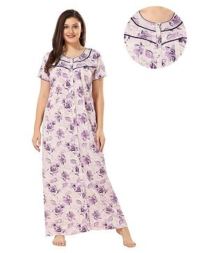 Piu Cotton Half Sleeves Lace Embellished & Floral Printed Plus Size Nighty With Nursing Access - Purple